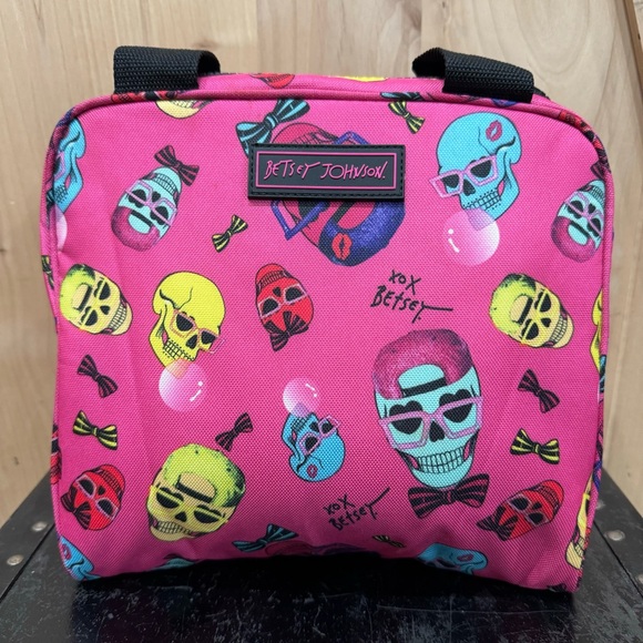 Betsey Johnson Skulls Bows Bones Insulated Lunch Tote Pirate Cooler Bag Pink - Picture 10 of 15